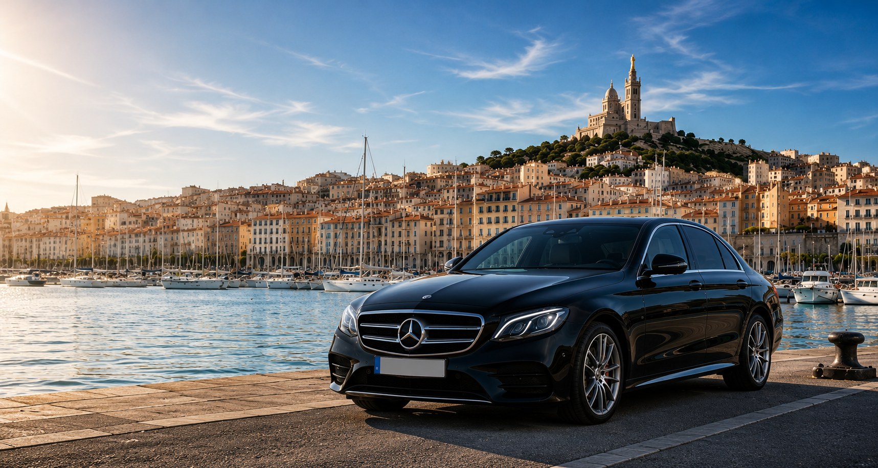 Mercedes noire avec chauffeur privé sur le Vieux-Port de Marseille, Notre-Dame de la Garde en arrière-plan