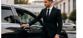 Chauffeur privé en costume ouvrant la porte d'une berline Mercedes